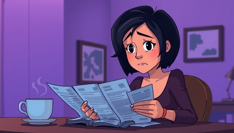 Cartoon woman worriedly looking at bills, challenges faced by digital nomads.