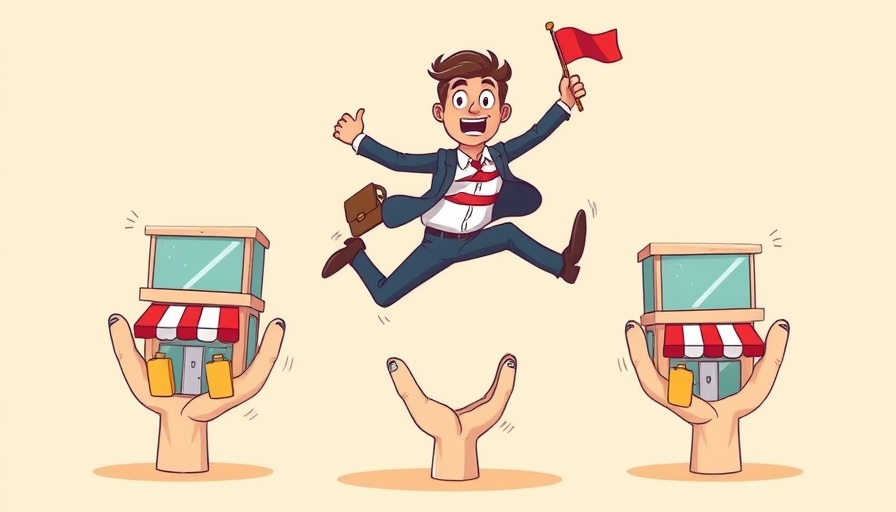 Franchisee Success in a Challenging Economy depicted as a cartoon with a person jumping between storefronts.