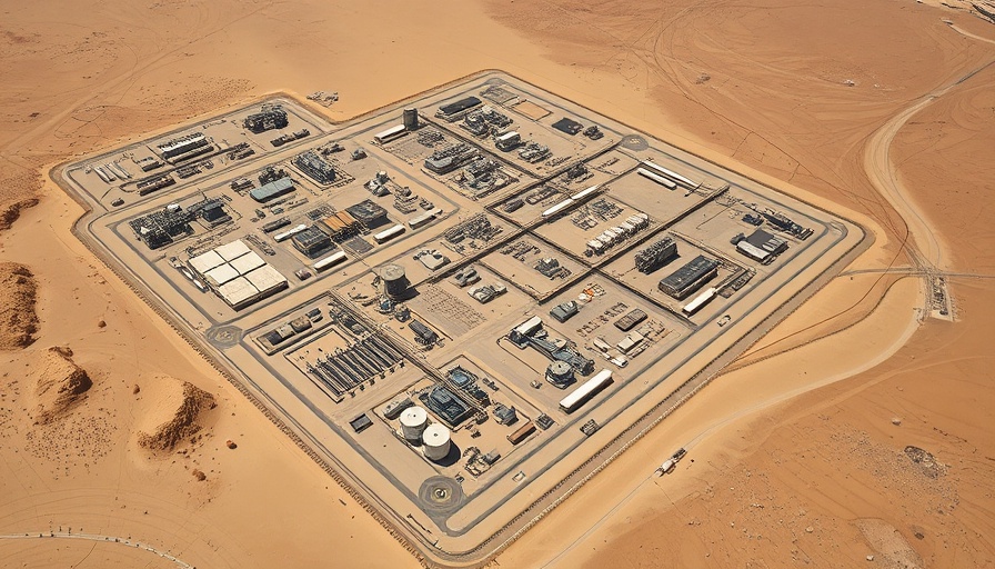 Aerial view of an industrial site in a desert, grid layout.