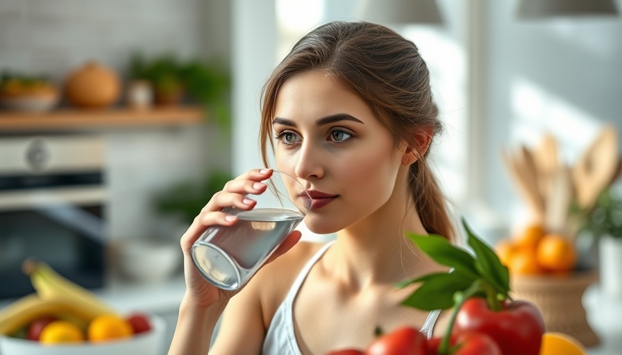Woman swapping diet drinks for water in a bright kitchen setting.