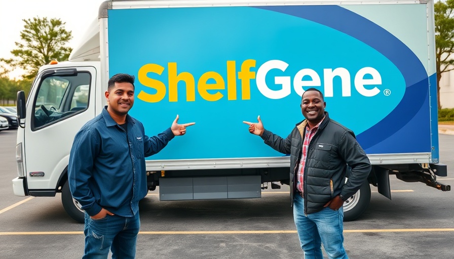 Smiling men showcasing ShelfGenie diversity beside branded truck
