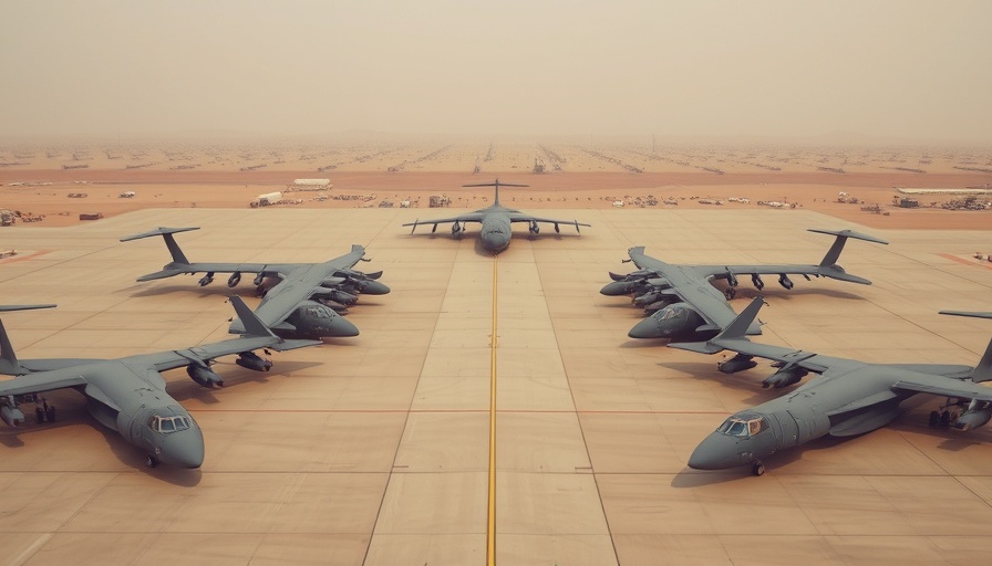 Al Udeid airbase with numerous military aircraft aligned on tarmac.