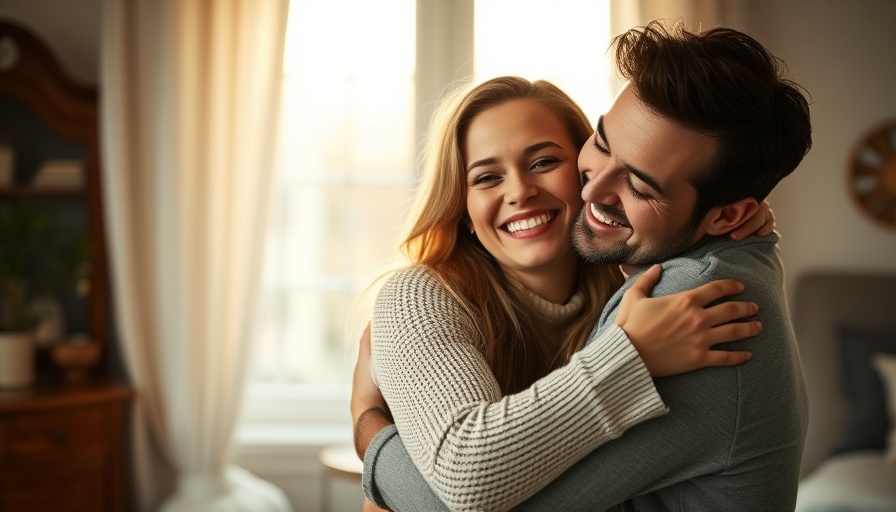 Joyful couple embracing in soft morning light, showing affection.