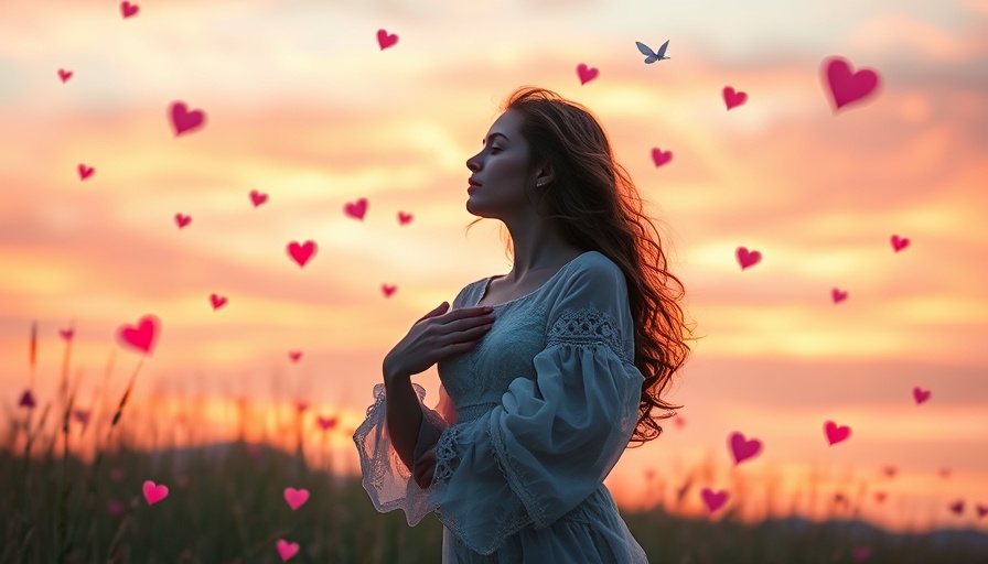 Dreamlike scene of a woman with floating hearts and butterflies.