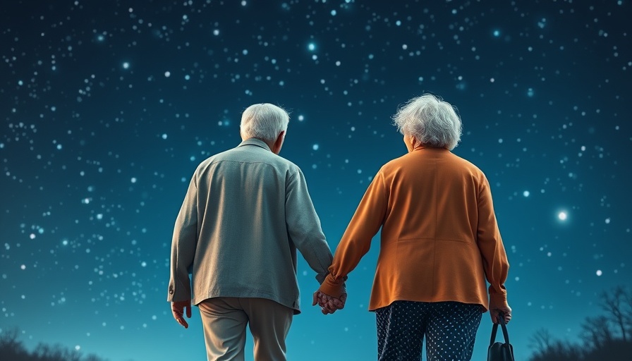 Elderly couple walking hand in hand under a starry blue sky.