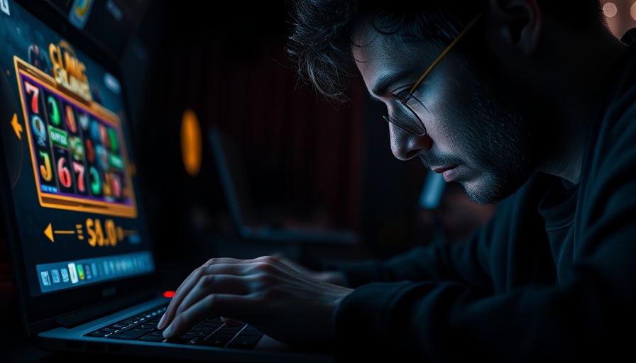 Public health approach to problem gambling depicted by person engrossed in online slot machine game.