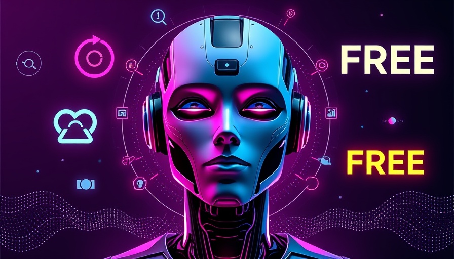 Futuristic robot head with AI tools and FREE text.