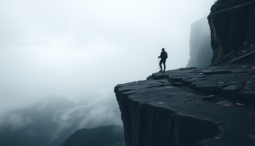 Minimalist hero image of hiker on cliff in misty valley, exploring nature.