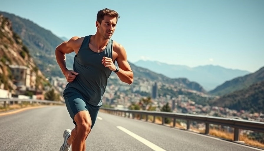 Fit runner figuring out pace on mountain road, scenic view.