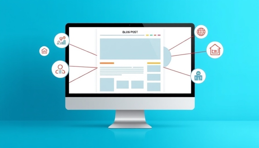 Vector monitor with blog post layout and local SEO icons.