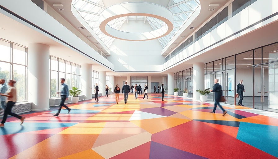 Colorful floor graphics in modern office space enhance aesthetics and functionality.