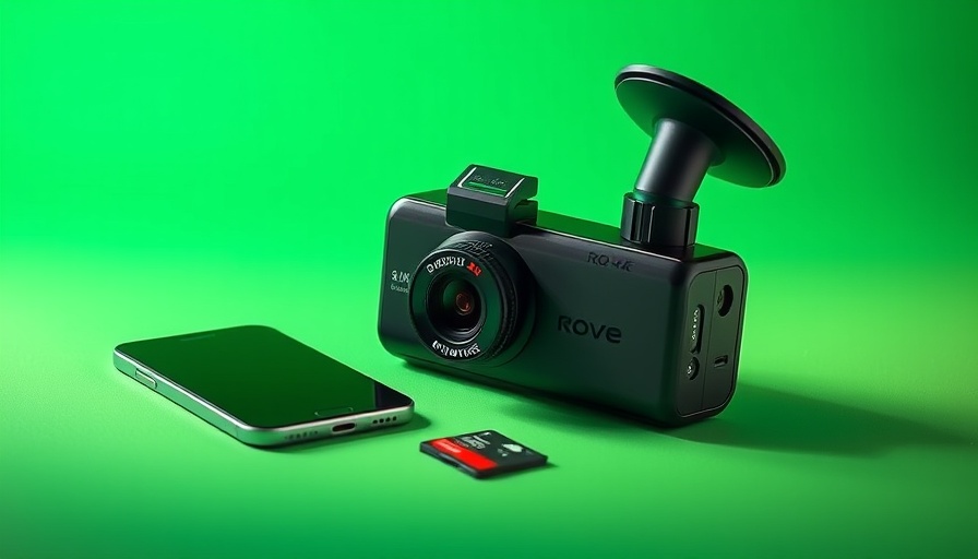 Rove R2-4K Dual Dash Cam with smartphone and memory card on a green background.