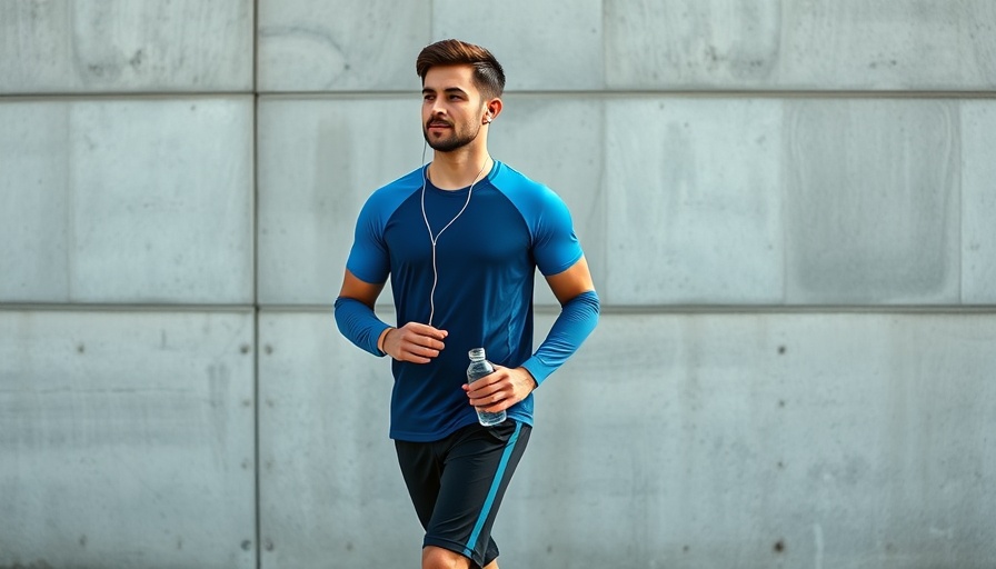 Young man walking for fitness, headphones and water bottle in hand.