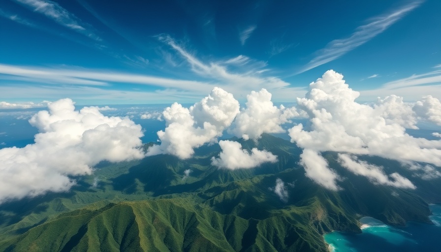 Aerial view of green Hawaiian mountains under clouds.