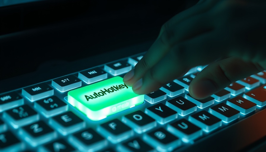 Futuristic keyboard with glowing AutoHotkey key, promoting productivity scripts.
