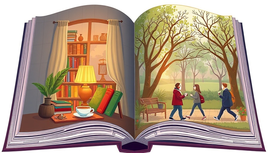 Cozy home and outdoor park scene in an open book illustration.