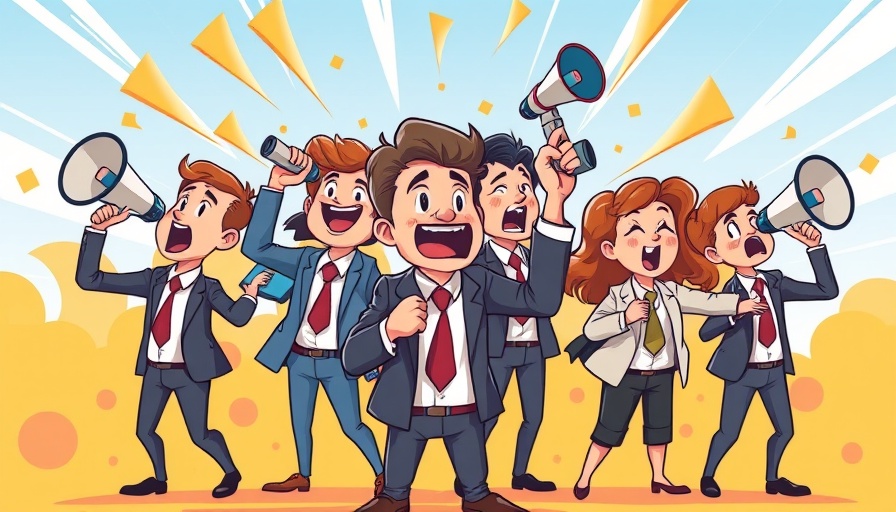 Cartoon businesspeople with megaphones and binoculars, symbolizing strong PR strategy for franchise growth.