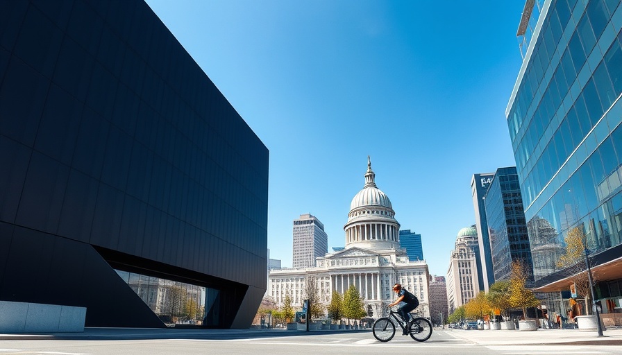 Black geometric building in urban setting with cyclist