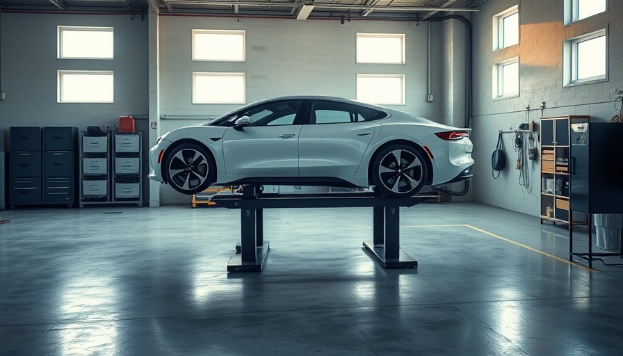 Modern garage with car lift and electric vehicle in natural light.