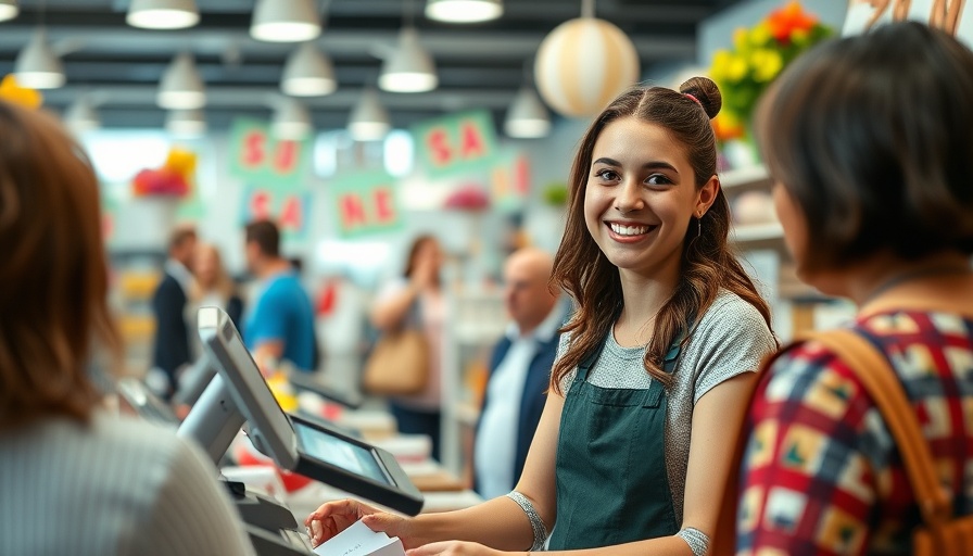 Teen cashier smiling while assisting customers in a summer retail job.