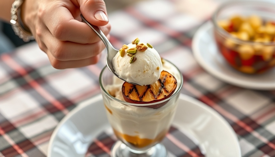 Hand scooping ice cream topped with nuts on table.