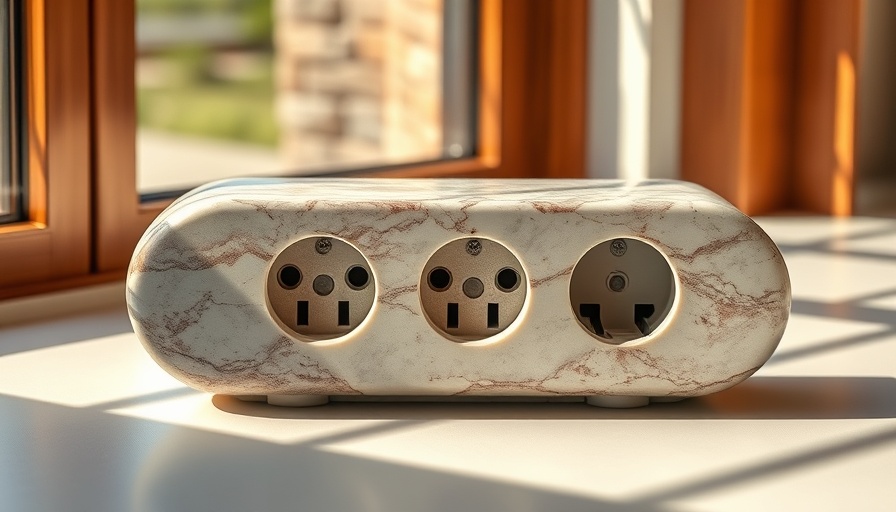 Organic marble power extension block design near window in natural light.
