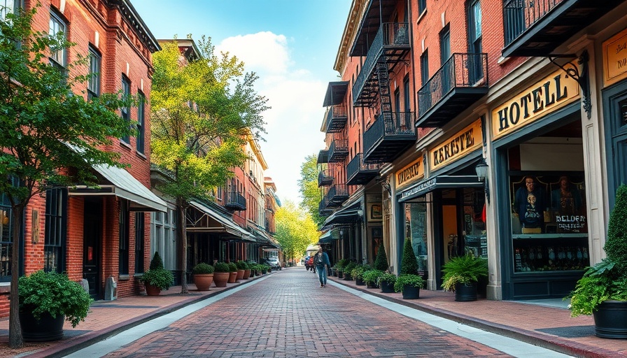 Charming Cedar Falls street with Belden clay pavers and historic buildings.