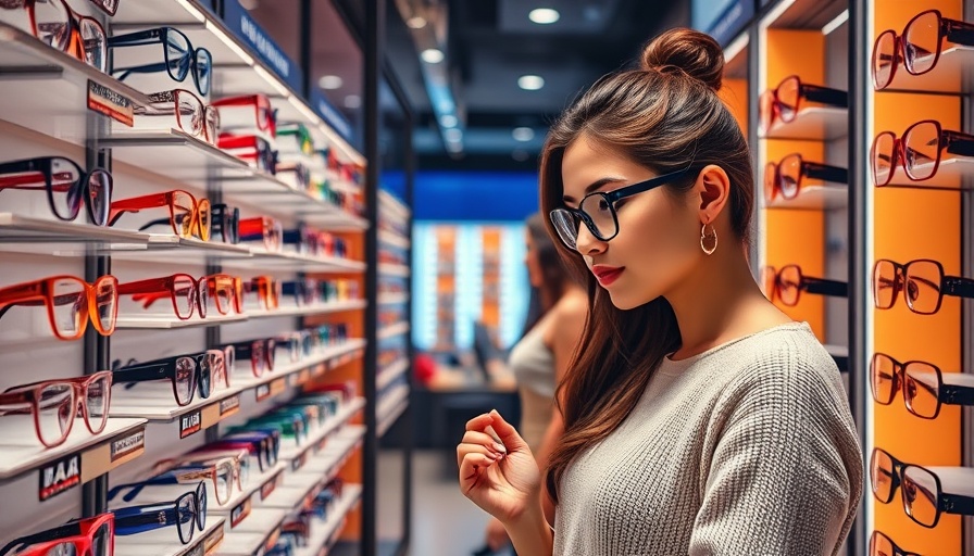 Eyewear store display with woman examining glasses; new tariffs impact on optometrists.