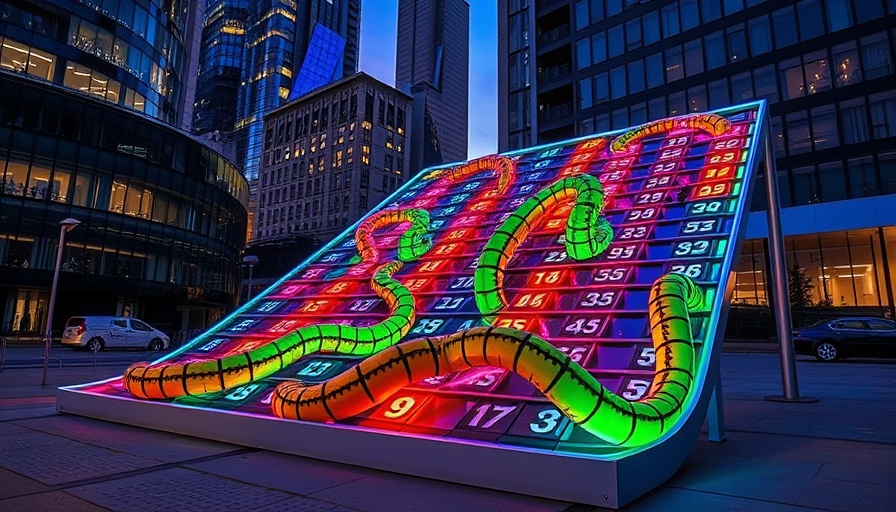 Giant Snakes and Ladders board with modern backdrop at twilight.