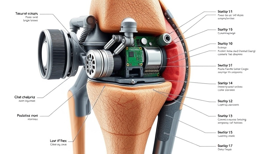 Tissue-integrated bionic knee schematic with components and electronics.