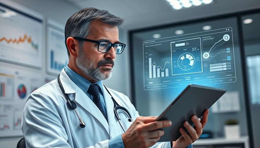Doctor reviewing digital data in a modern medical office, with online marketing elements.