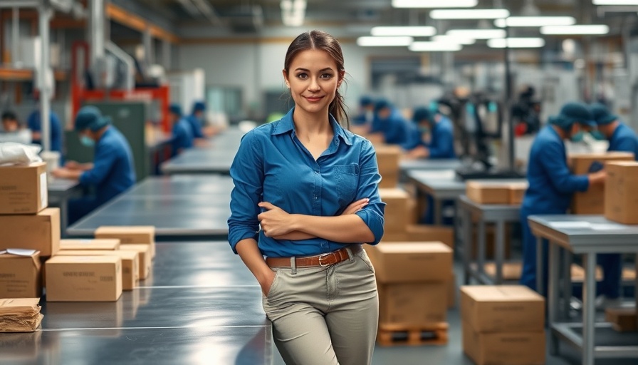 Confident woman in factory with workers assembling fiber bars.