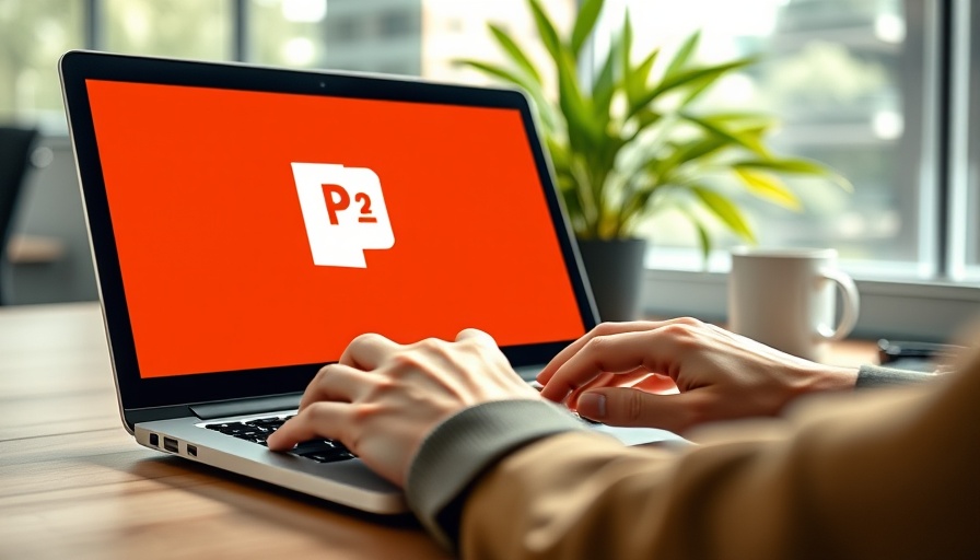 Laptop displaying PowerPoint logo, hands typing, indoor plant in background.