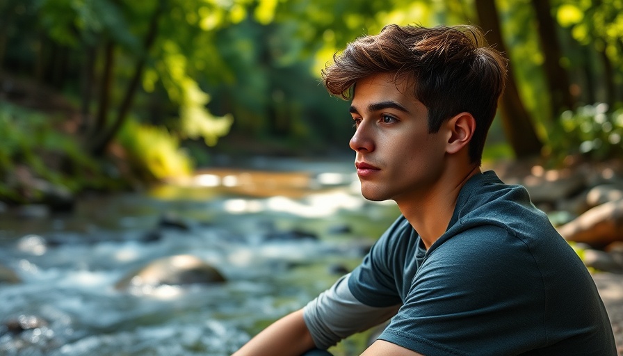 Young man sitting by a stream to let go and embrace the flow in nature.