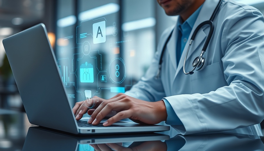 AI in outpatient care with doctor using laptop, digital overlay.