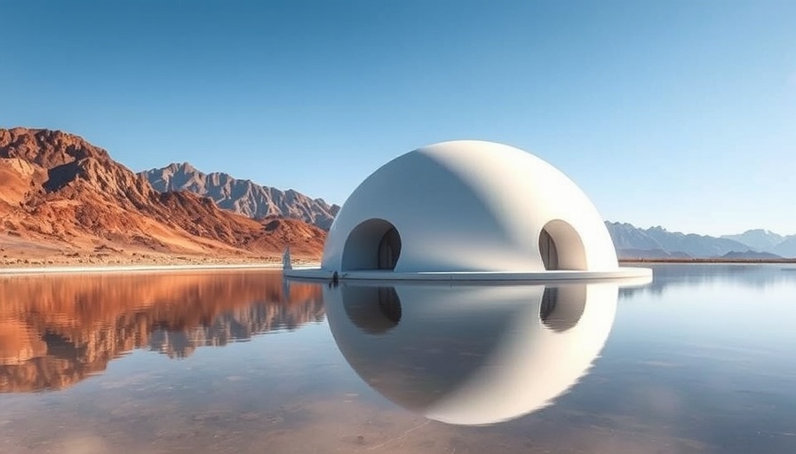 Futuristic domed architecture reflecting in pool under clear blue sky.