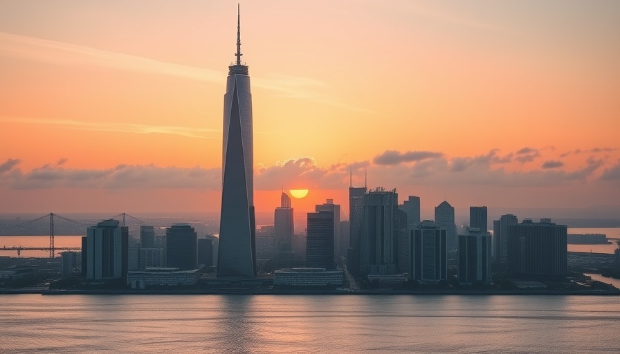 Tall skyscraper in urban skyline at sunset, Australia's tallest skyscraper for remote work.