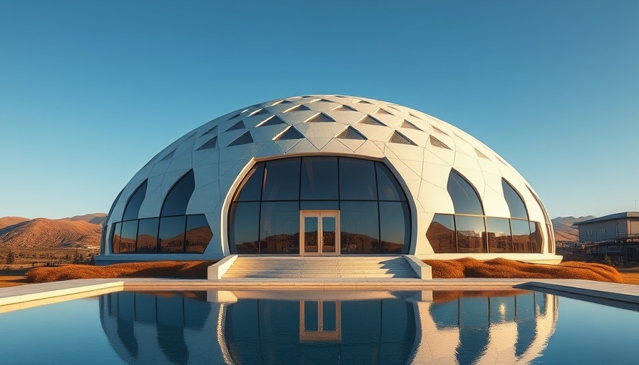 Modern dome architecture reflecting in pool for remote work setting.