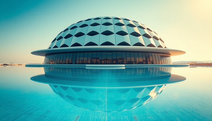 Modern dome architecture for remote workspaces reflecting in pool.