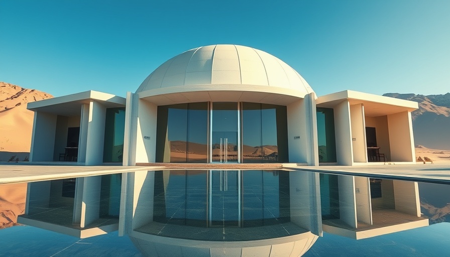 Modern domed architecture for remote workspaces with reflecting pool.