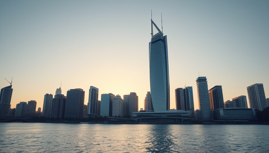 Australia's tallest skyscraper by the river in evening light.