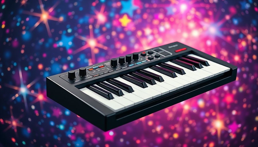 Sleek MIDI keyboard against vibrant starry background.