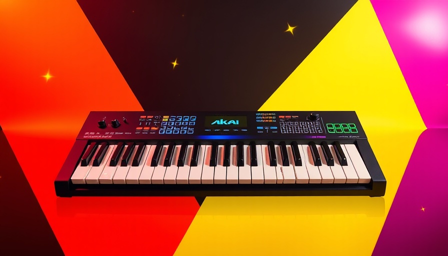 Akai MIDI keyboard on colorful geometric background, highlighting discount.