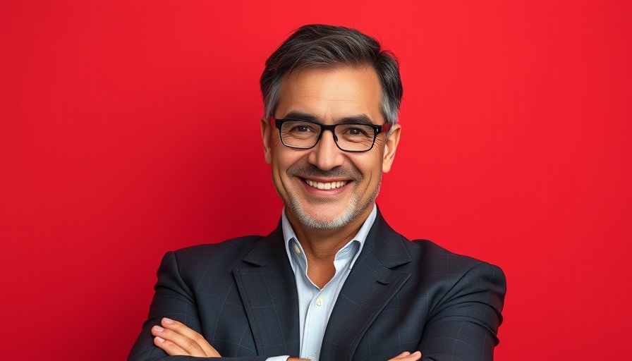 Confident professional in a suit with a subtle smile, multimodal AI in healthcare backdrop
