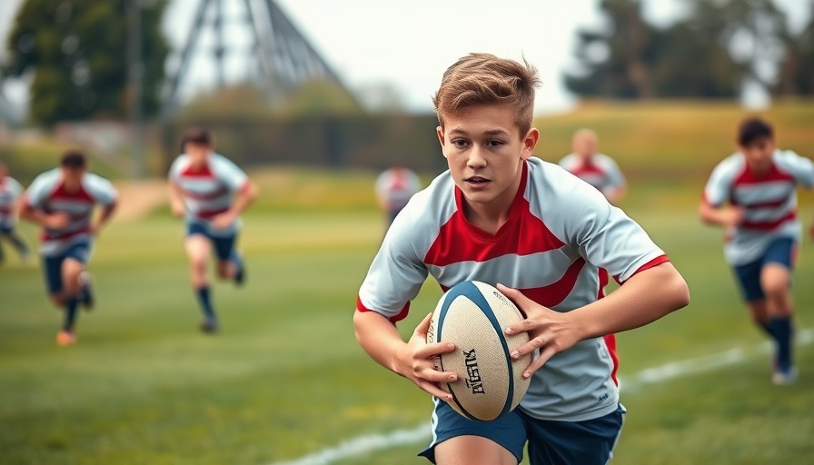 Rugby player with protective headgear for concussion prevention running on field.