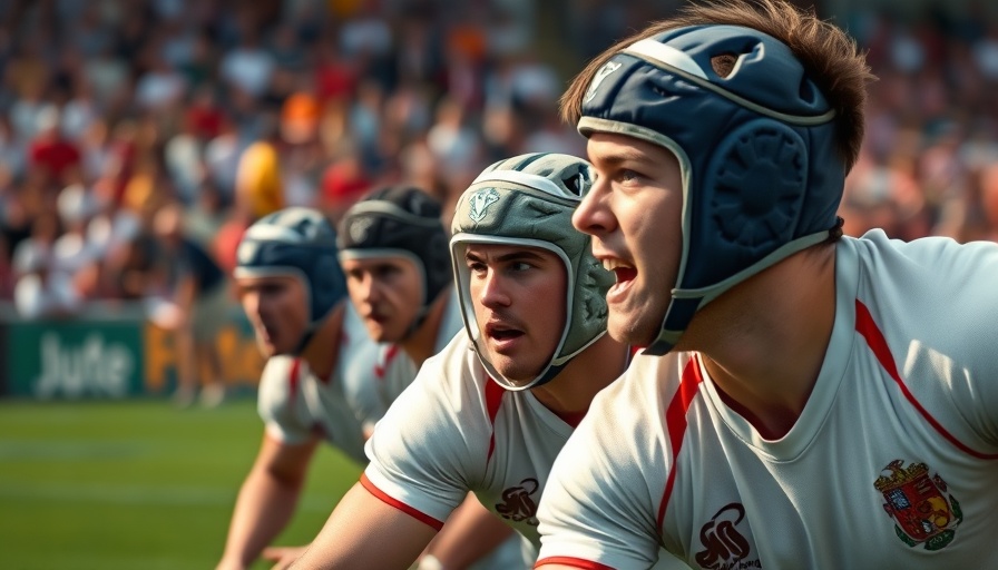 Rugby players in headgear for concussion prevention during a game.