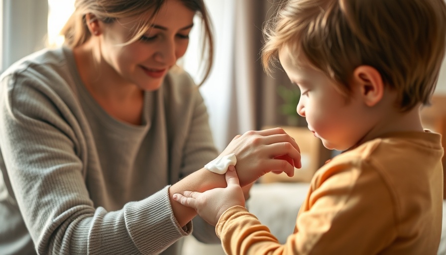 Mother treating and controlling eczema in a child at home.