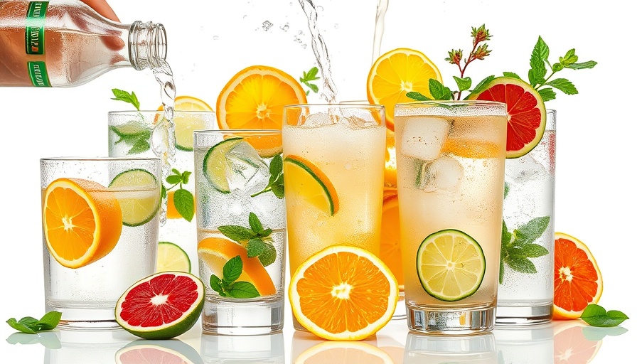 Refreshing drinks mixed with tonic water garnished with fruits.