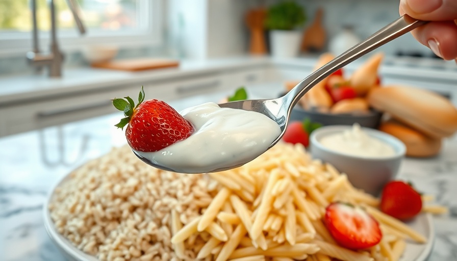 Spoon with strawberry yogurt over pasta alternatives.