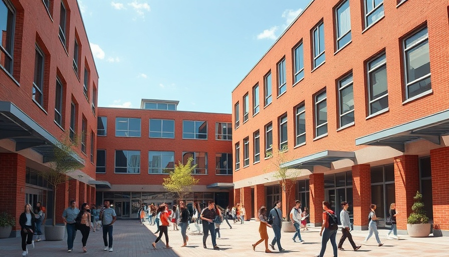 Modern educational architecture with vibrant courtyard and students.